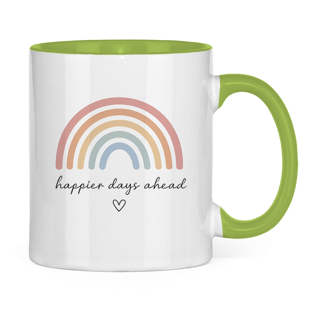 Tasse „Happier Days Ahead“ – Zweifarbige Keramiktasse mit Rainbow Design & positivem Motiv