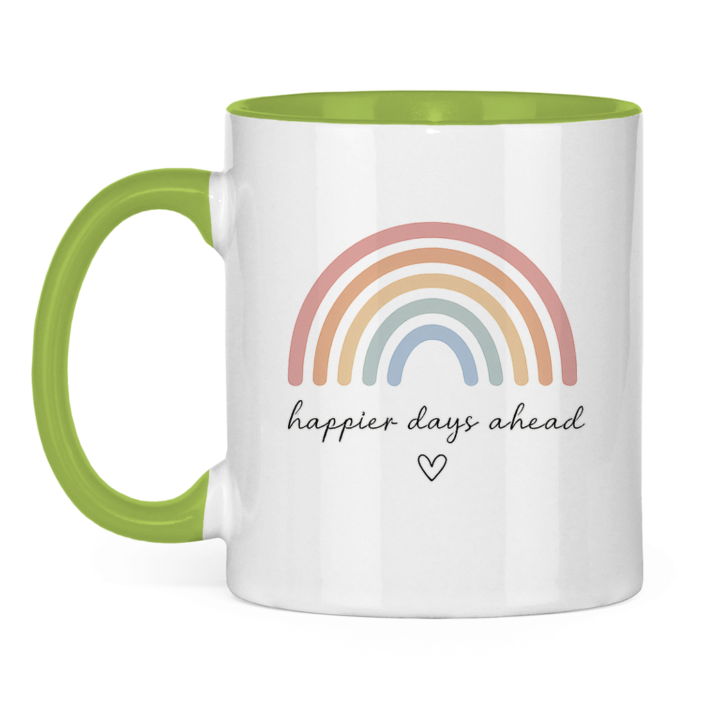 Tasse „Happier Days Ahead“ – Zweifarbige Keramiktasse mit Rainbow Design & positivem Motiv