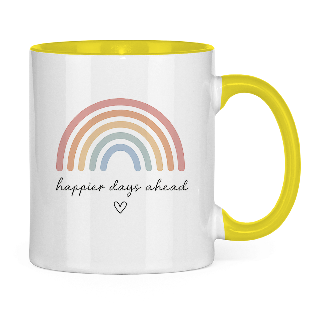 Tasse „Happier Days Ahead“ – Zweifarbige Keramiktasse mit Rainbow Design & positivem Motiv