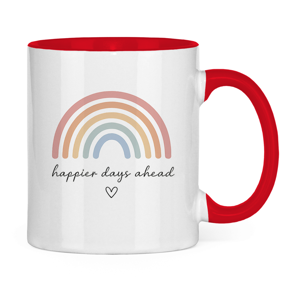Tasse „Happier Days Ahead“ – Zweifarbige Keramiktasse mit Rainbow Design & positivem Motiv