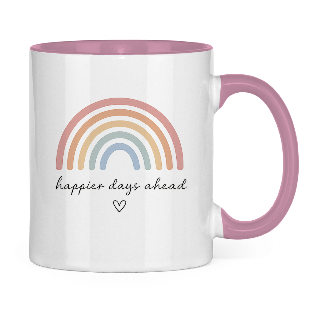 Tasse „Happier Days Ahead“ – Zweifarbige Keramiktasse mit Rainbow Design & positivem Motiv