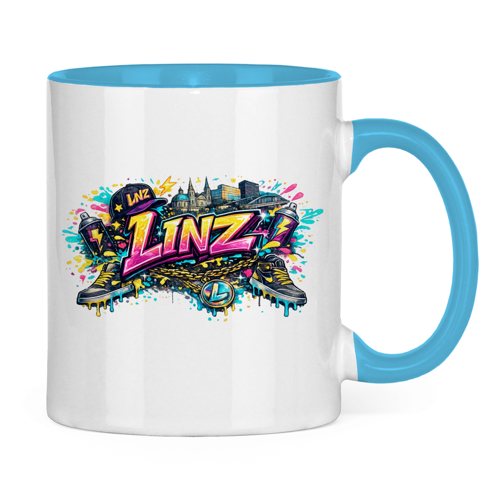 Zweifarbige LINZ Tasse – Austria Street Vibes | Österreich Graffiti Keramiktasse