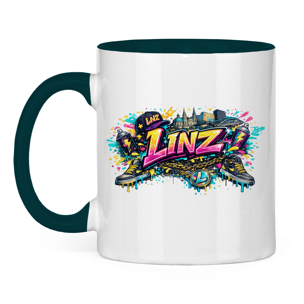 Zweifarbige LINZ Tasse – Austria Street Vibes | Österreich Graffiti Keramiktasse