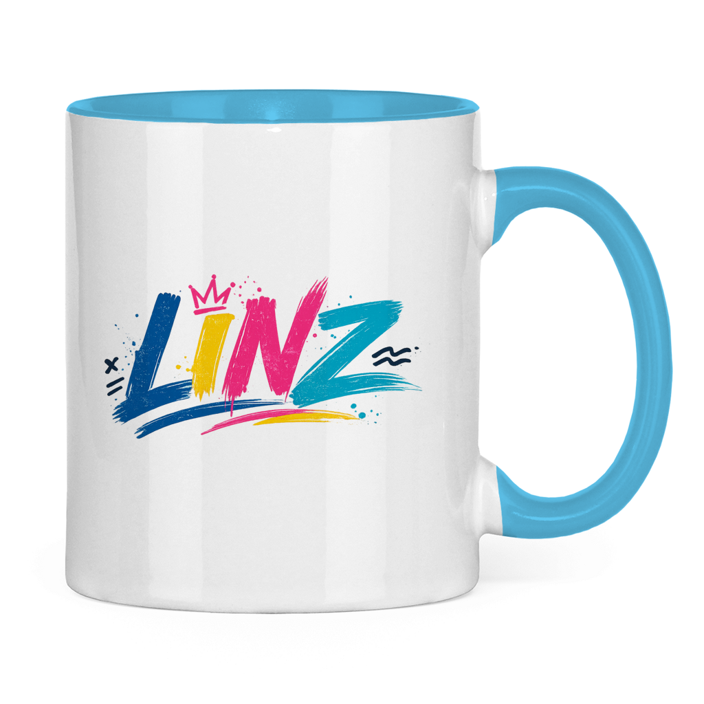 Zweifarbige LINZ Graffiti Tasse – Austria Street Vibes | Urban Österreich Keramiktasse