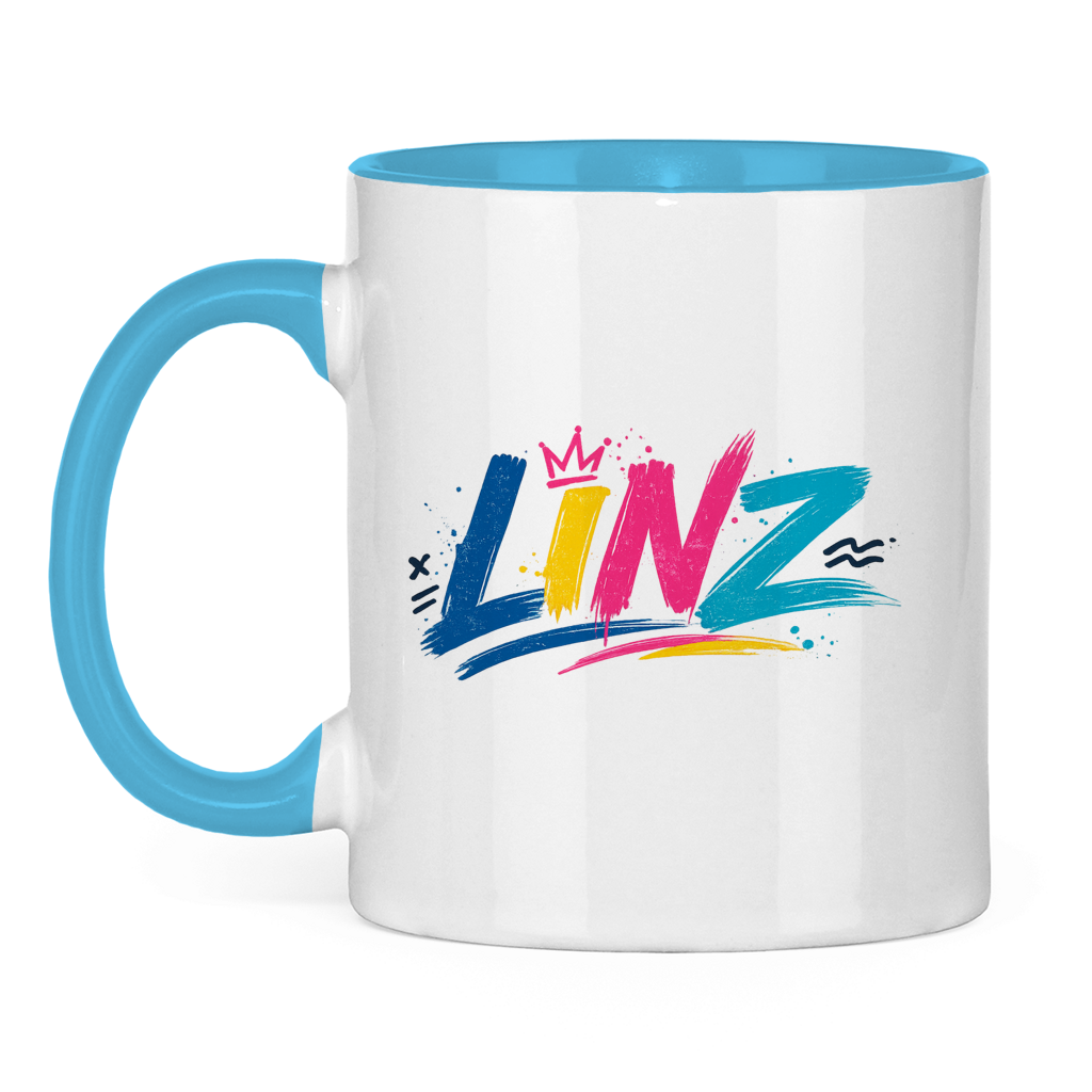 Zweifarbige LINZ Graffiti Tasse – Austria Street Vibes | Urban Österreich Keramiktasse