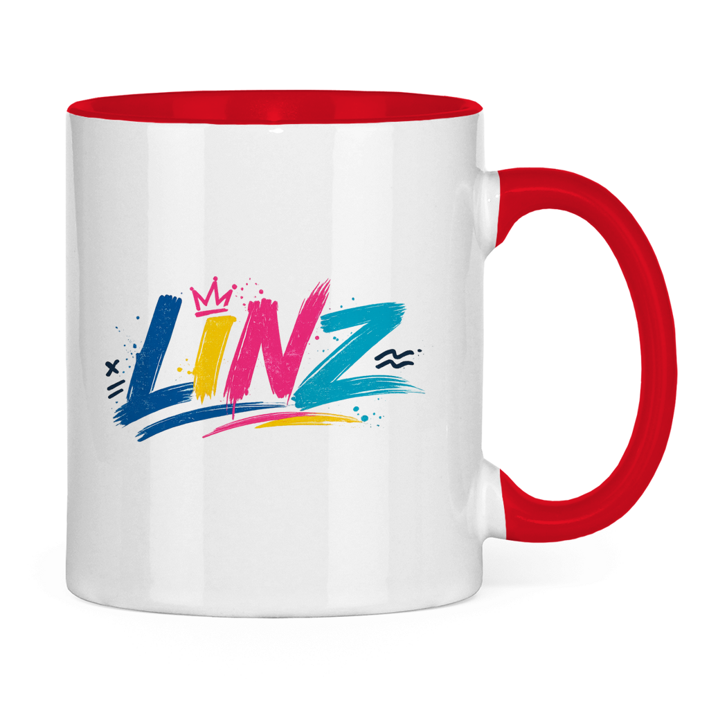 Zweifarbige LINZ Graffiti Tasse – Austria Street Vibes | Urban Österreich Keramiktasse