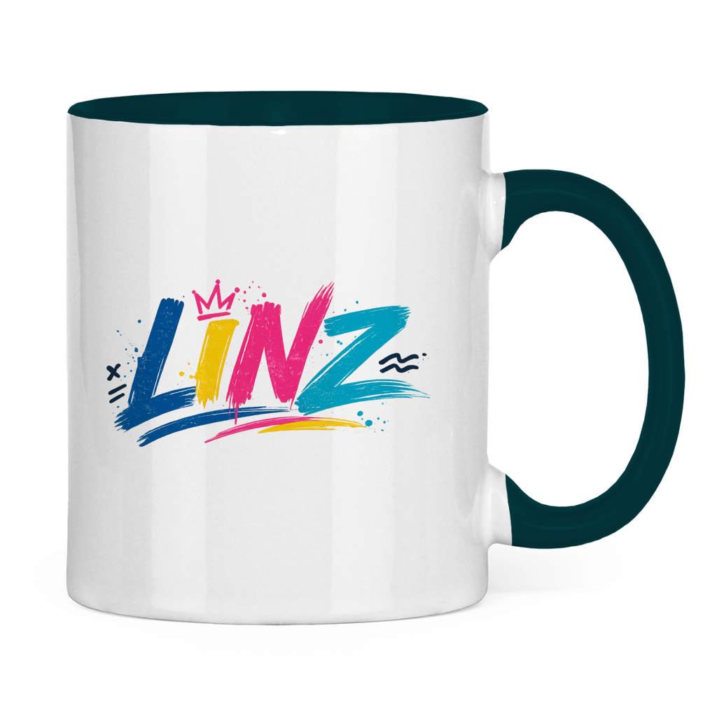 Zweifarbige LINZ Graffiti Tasse – Austria Street Vibes | Urban Österreich Keramiktasse