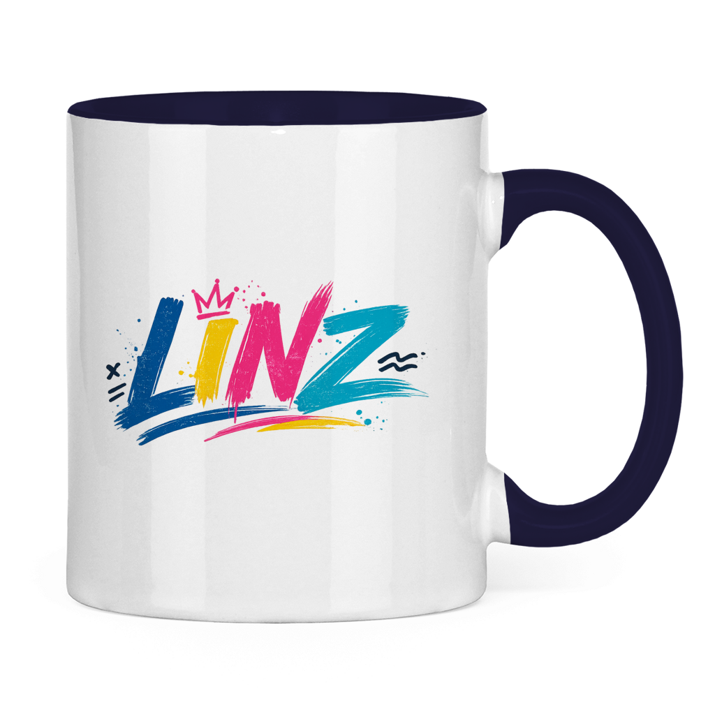 Zweifarbige LINZ Graffiti Tasse – Austria Street Vibes | Urban Österreich Keramiktasse