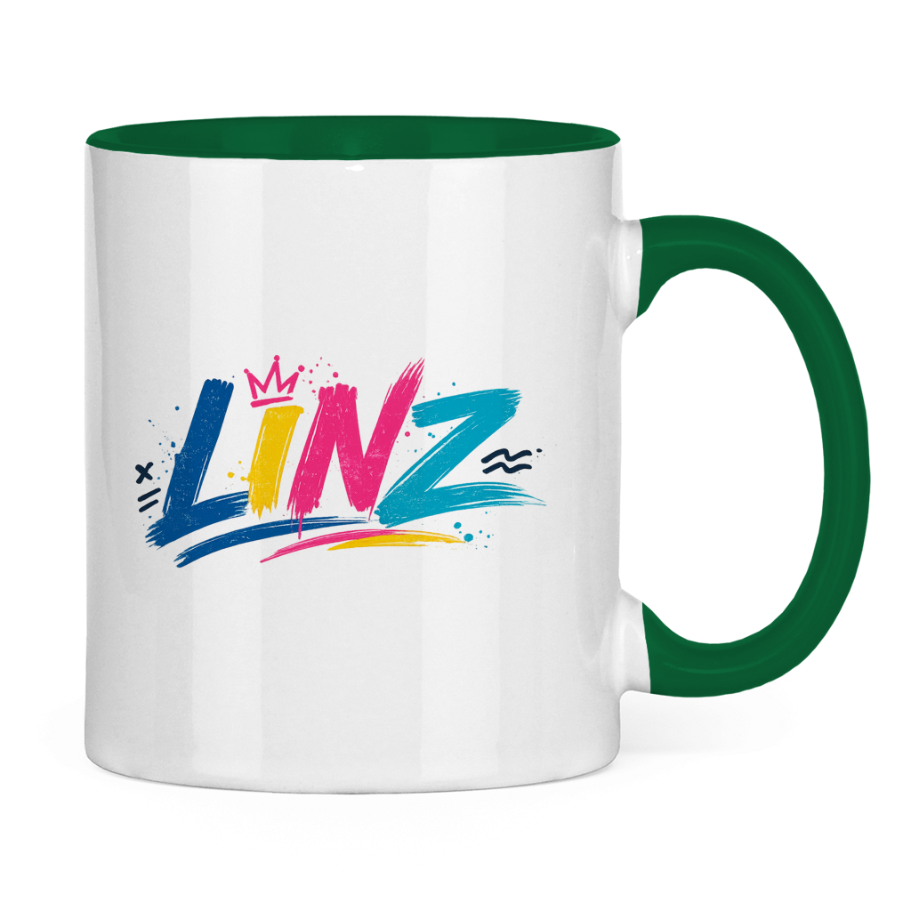 Zweifarbige LINZ Graffiti Tasse – Austria Street Vibes | Urban Österreich Keramiktasse