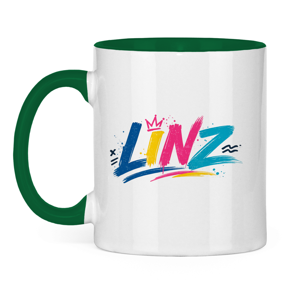 Zweifarbige LINZ Graffiti Tasse – Austria Street Vibes | Urban Österreich Keramiktasse