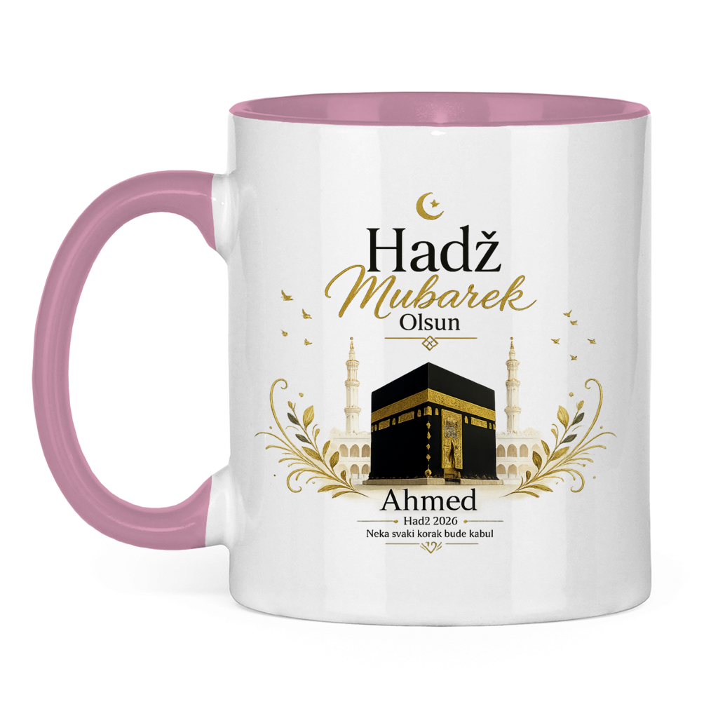 Prilagodljiva šolja „Hadž Mubarek Olsun“ – Islamska keramička šolja s imenom i slikom Kabe