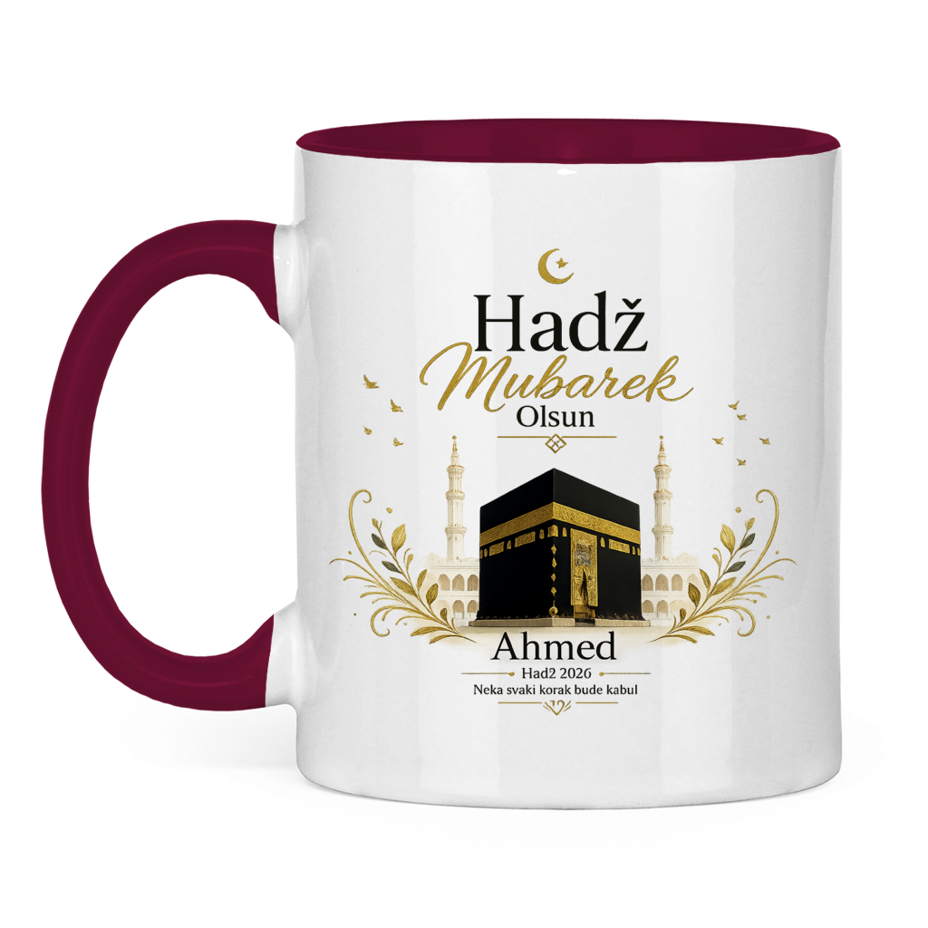Prilagodljiva šolja „Hadž Mubarek Olsun“ – Islamska keramička šolja s imenom i slikom Kabe