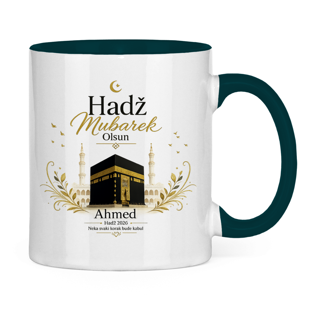 Prilagodljiva šolja „Hadž Mubarek Olsun“ – Islamska keramička šolja s imenom i slikom Kabe