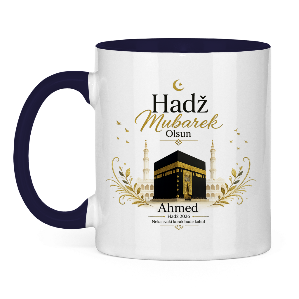 Prilagodljiva šolja „Hadž Mubarek Olsun“ – Islamska keramička šolja s imenom i slikom Kabe