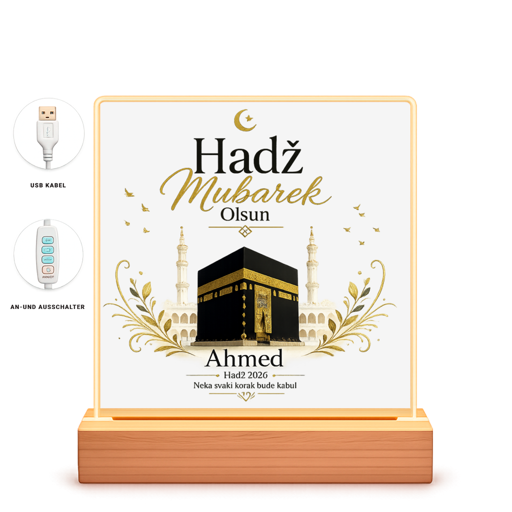 Personalizirani LED okvir za slike "Hadž Mubarek Olsun" – Islamska dekoracija s Kaabom
