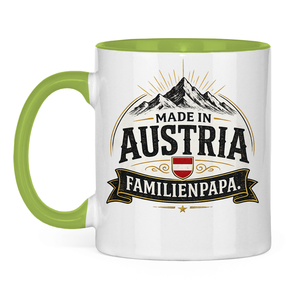 Zweifarbige Tasse „Made in Austria – Familien Papa“ | Lustiges Vatertag Geschenk