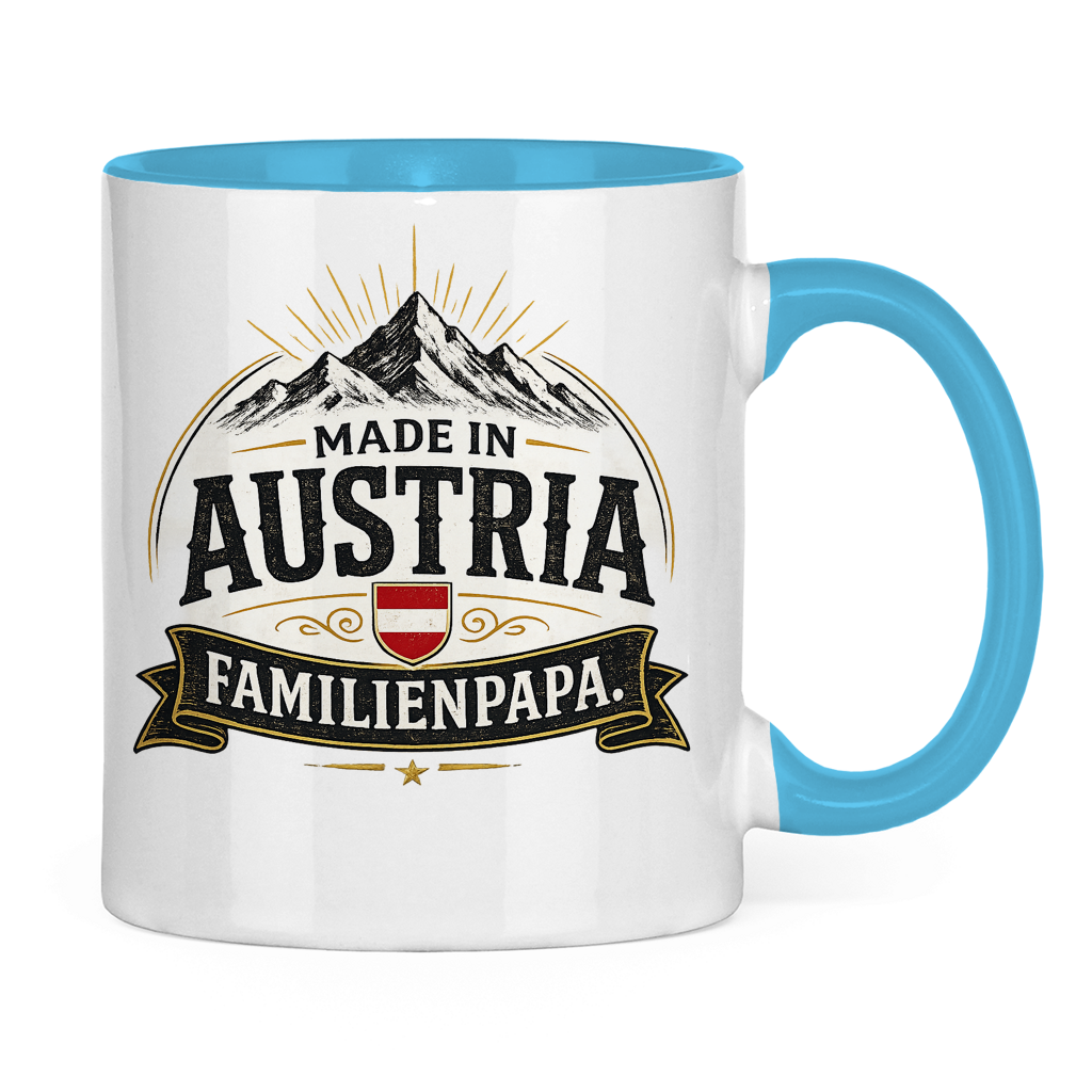 Zweifarbige Tasse „Made in Austria – Familien Papa“ | Lustiges Vatertag Geschenk