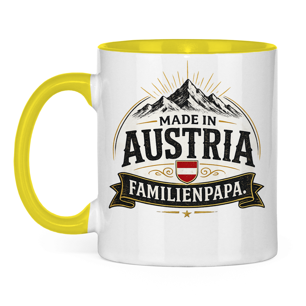Zweifarbige Tasse „Made in Austria – Familien Papa“ | Lustiges Vatertag Geschenk