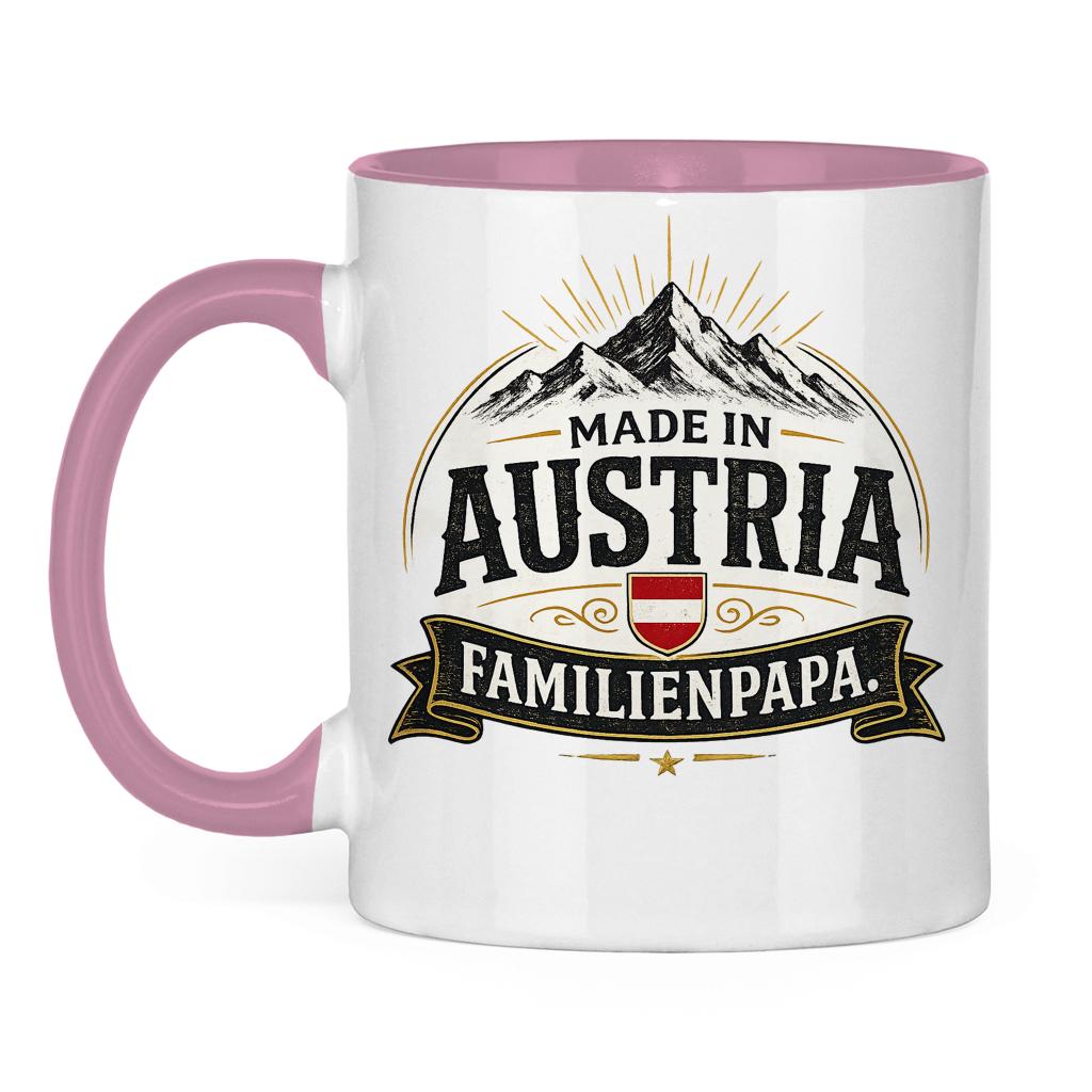 Zweifarbige Tasse „Made in Austria – Familien Papa“ | Lustiges Vatertag Geschenk