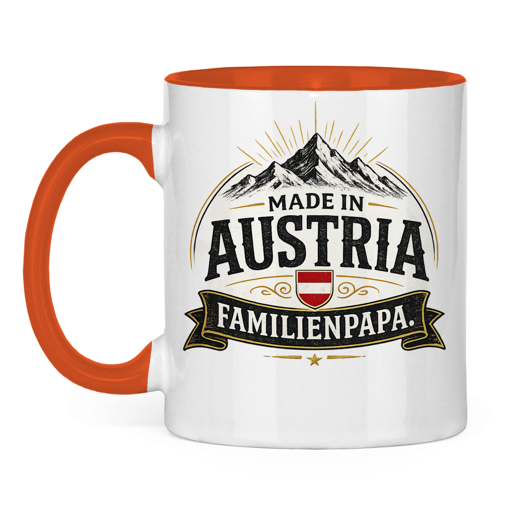 Zweifarbige Tasse „Made in Austria – Familien Papa“ | Lustiges Vatertag Geschenk