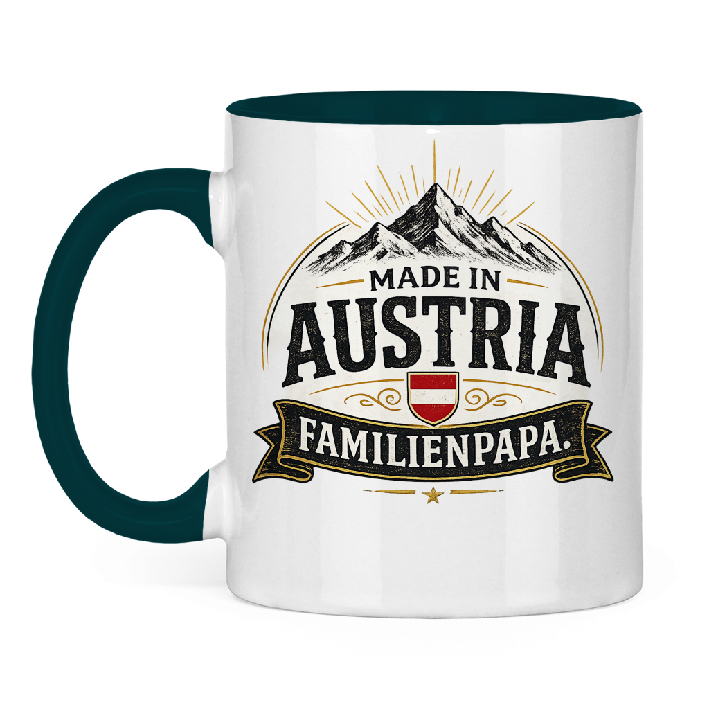 Zweifarbige Tasse „Made in Austria – Familien Papa“ | Lustiges Vatertag Geschenk