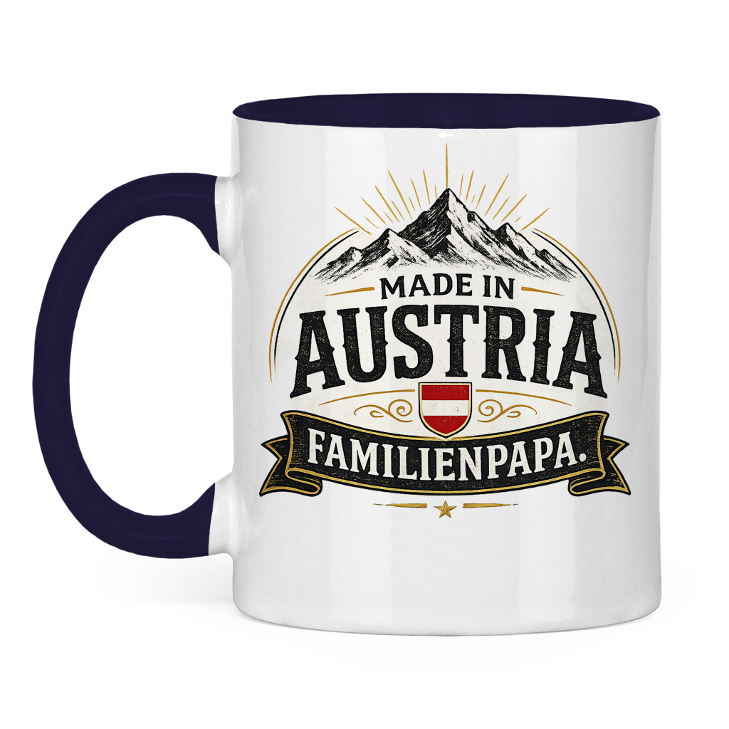 Zweifarbige Tasse „Made in Austria – Familien Papa“ | Lustiges Vatertag Geschenk