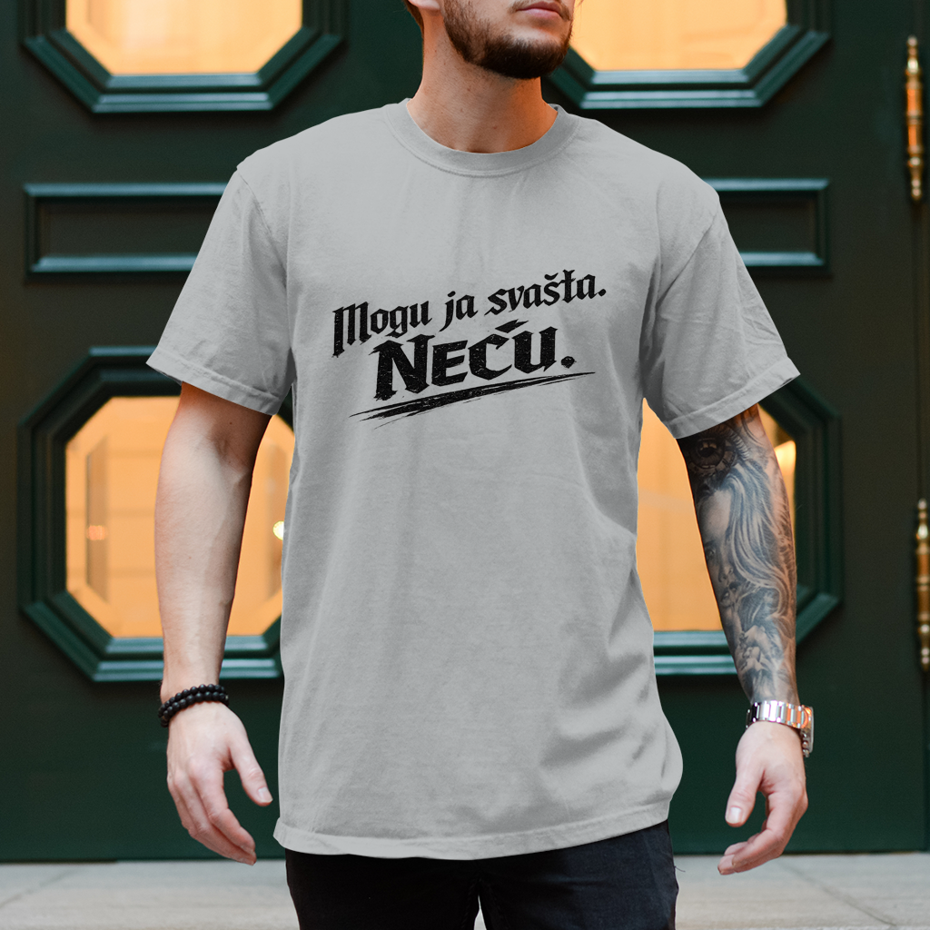 Herren T-Shirt „Mogu ja svašta. Neću.“ – Balkanski Humor Streetwear Shirt