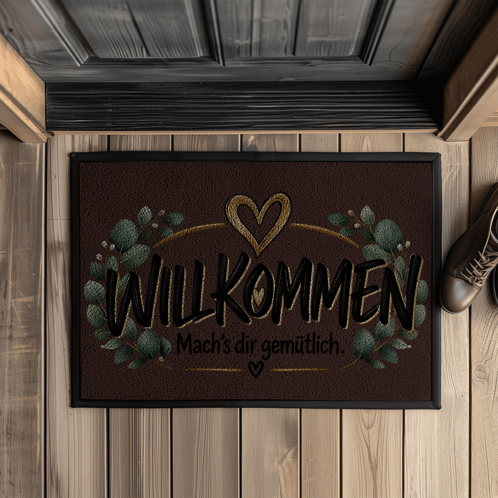 Fußmatte „Willkommen – Mach’s dir gemütlich“ mit Gummirand