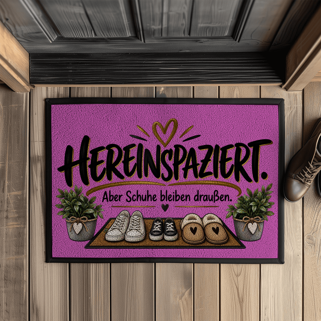 Fußmatte „Hereinspaziert – Aber Schuhe bleiben draußen“ mit Gummirand