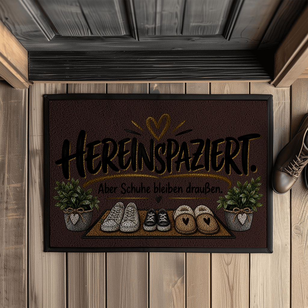 Fußmatte „Hereinspaziert – Aber Schuhe bleiben draußen“ mit Gummirand