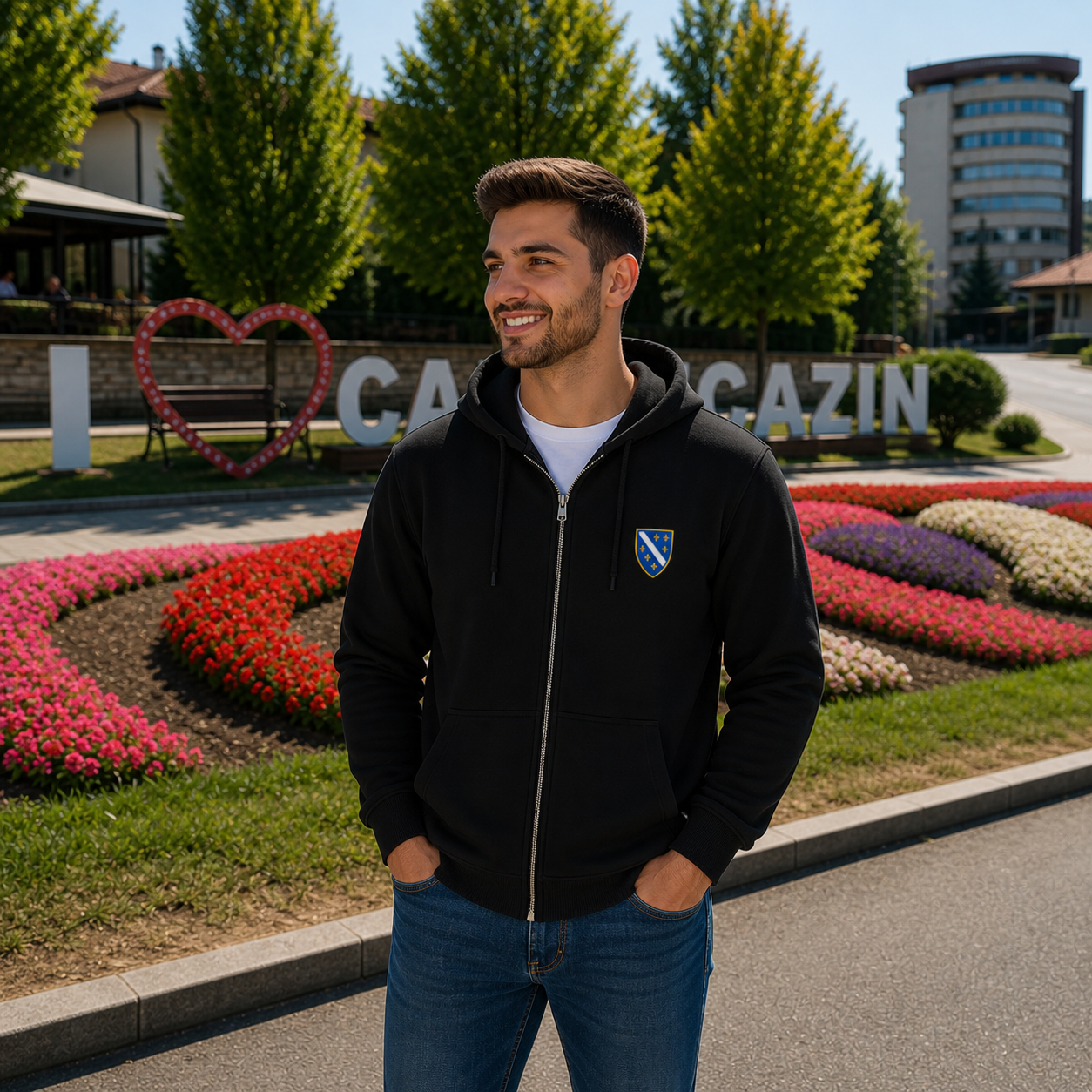 Men's Zipper Hoodie - Bosnian Coat of Arms with Lilies | Left Chest