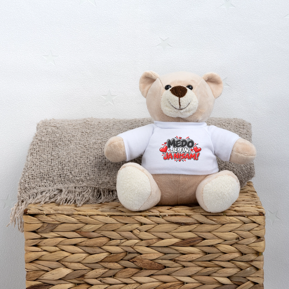 MEDO JE FIN, JA NISAM 😈🧸 – Lustiger Kuschelteddy 20 cm mit Balkan-Spruch | Geschenkidee - Weiß