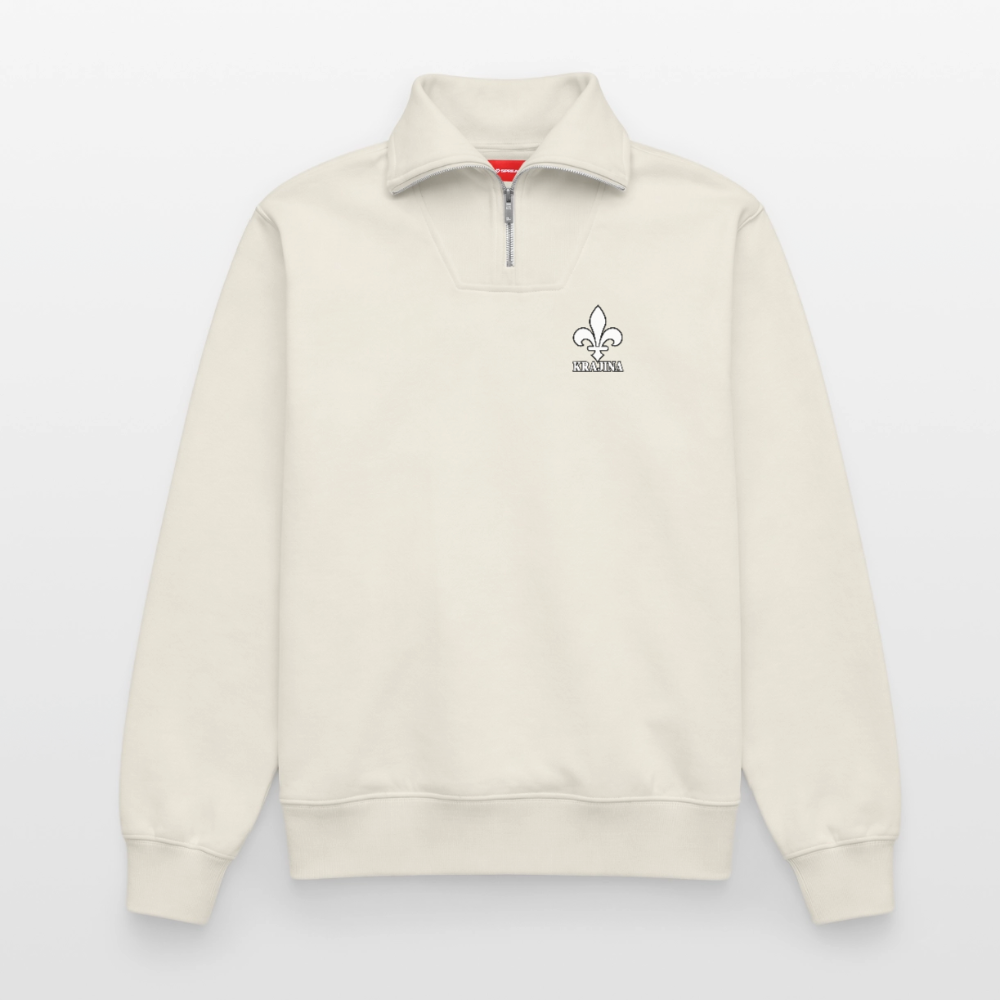 KRAJINA Premium Half-Zip Hoodie – Bosnische Lilie auf Brust & Ärmeln | SPREAD - Naturweiß
