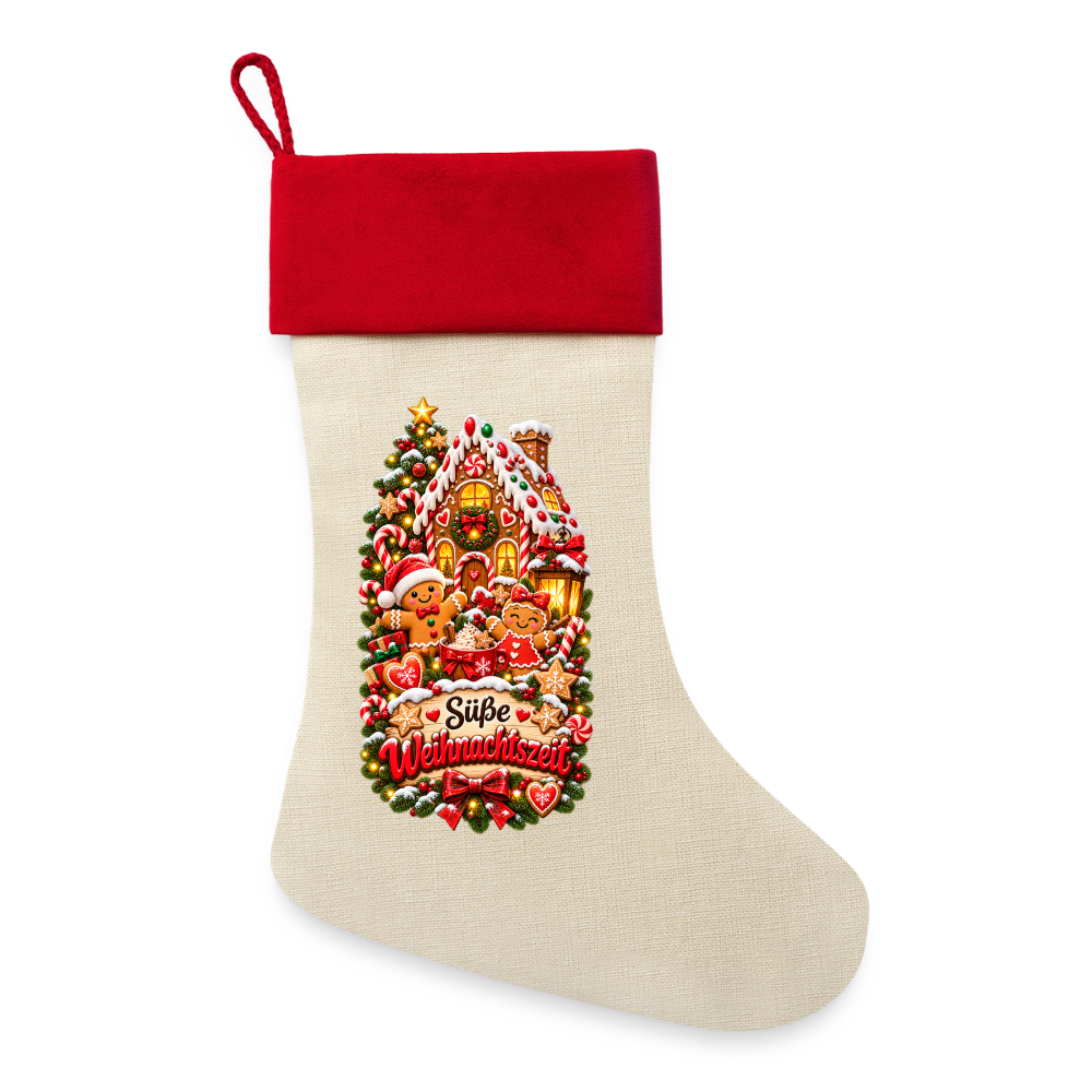 Leinen Weihnachtsstrumpf – Weihnachten ist Familienzeit | Nostalgisches Weihnachtsmotiv | Zum Befüllen - Natur/Rot 