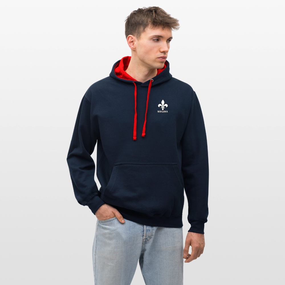 AWDis Just Hoods Kontrast-Hoodie Unisex – KRAJINA mit bosnischen Lilien | Brust- & Schulterprint - Navy/Rot