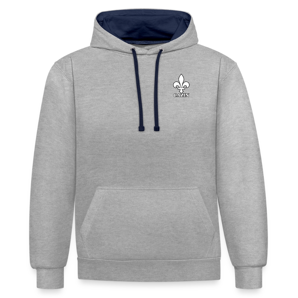 AWDis Just Hoods Kontrast-Hoodie Unisex – CAZIN mit bosnischen Lilien | Brust- & Schulterprint - Grau meliert/Navy