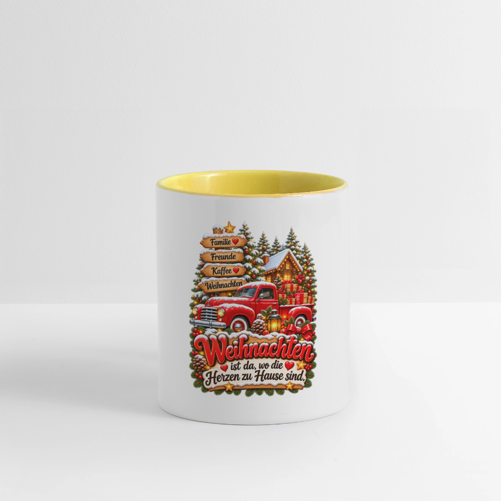 Weihnachtstasse 🎄 Weihnachten ist da, wo die Herzen zu Hause sind – 325 ml - Weiß/Gelb