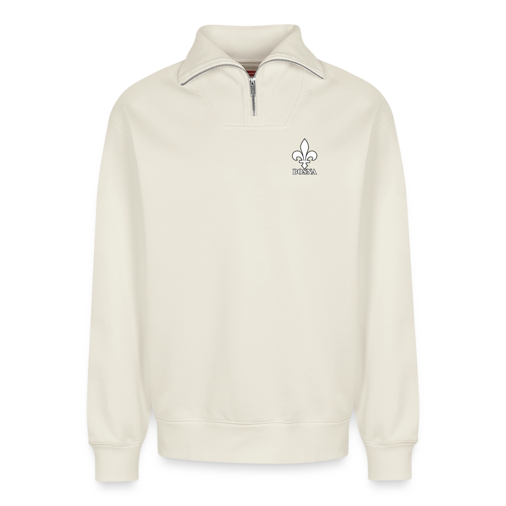 BOSNA Premium Organic Half-Zip Sweatshirt – SPREAD | Lilie auf Brust & Ärmeln - Naturweiß