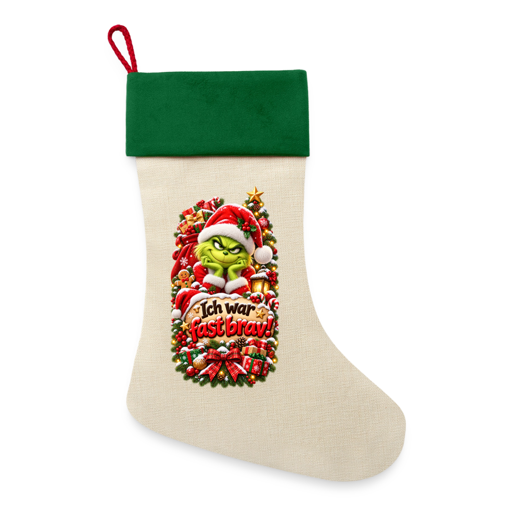 Leinen Weihnachtsstrumpf – Ich war fast brav! | Lustiger Nikolausstrumpf zum Befüllen - Natur/Grün