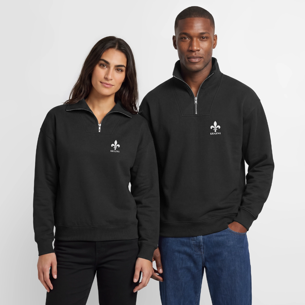 KRAJINA Premium Half-Zip Hoodie – Bosnische Lilie mit dezentem Brustprint | SPREAD - Schwarz