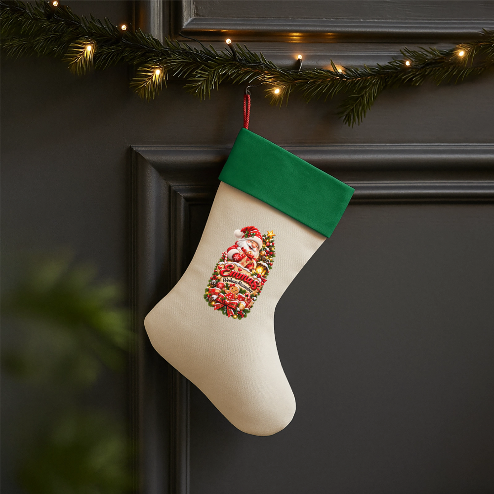 Leinen Weihnachtsstrumpf 🎄 Weihnachtszauber – Personalisiert mit Wunschname | Zum Befüllen - Natur/Grün