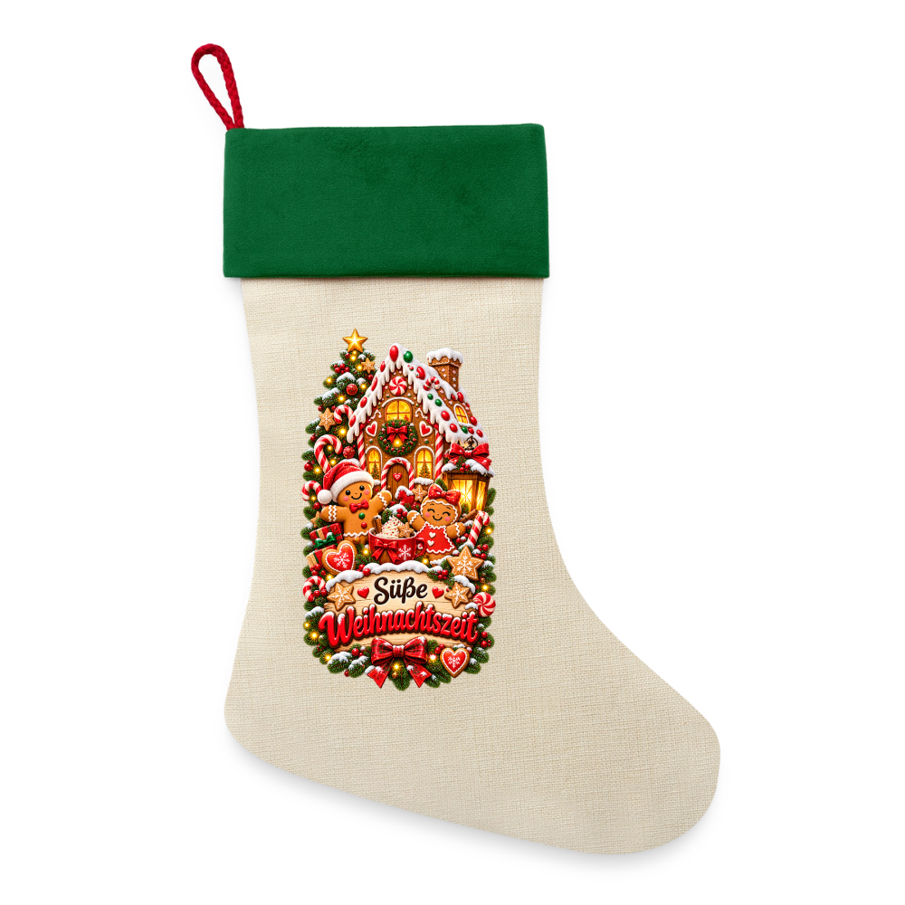 Leinen Weihnachtsstrumpf – Süße Weihnachtszeit | Lebkuchen Motiv | Zum Befüllen - Natur/Grün
