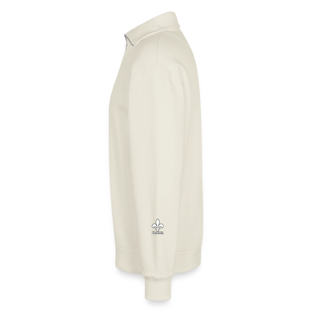 KRAJINA Premium Half-Zip Hoodie – Bosnische Lilie auf Brust & Ärmeln | SPREAD - Naturweiß