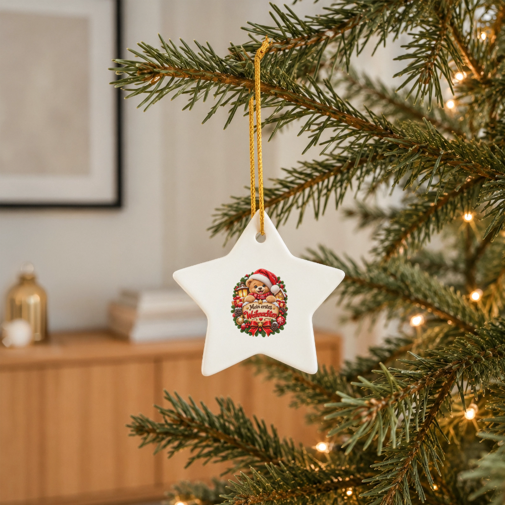Keramik-Stern Weihnachtsanhänger – Mein erstes Weihnachten | Süßes Teddy-Motiv - Weiß