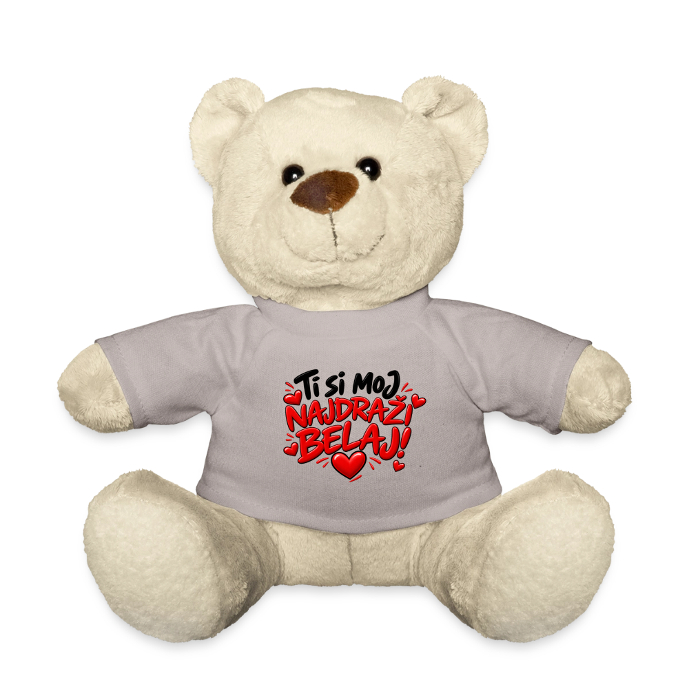 Kuschelteddy mit „Ti si moj najdrazi belaj“ Design – Süßer Liebesbär mit T-Shirt - Taupe