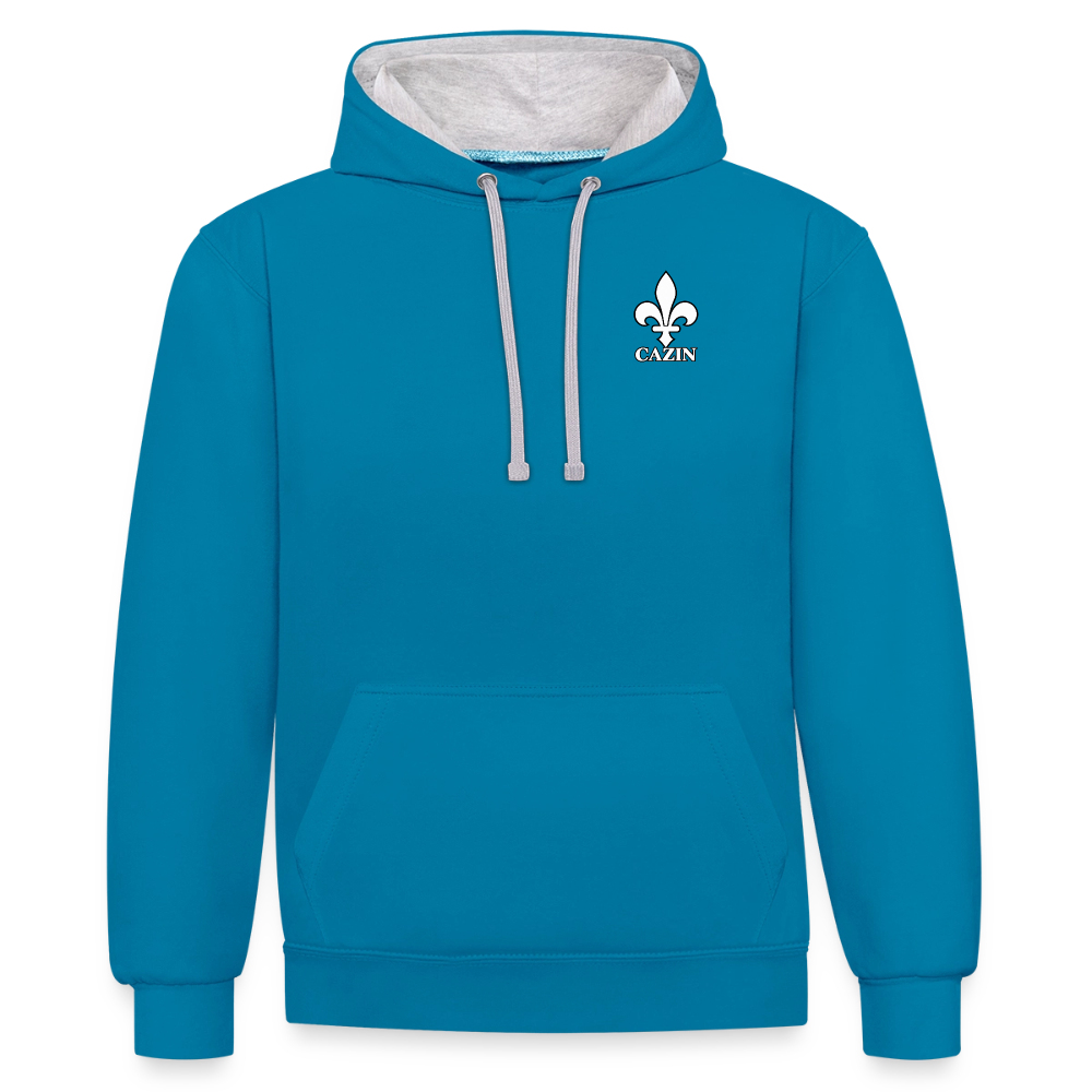 AWDis Just Hoods Kontrast-Hoodie Unisex – CAZIN mit bosnischer Lilie | Brustprint - Pfauenblau/Grau meliert
