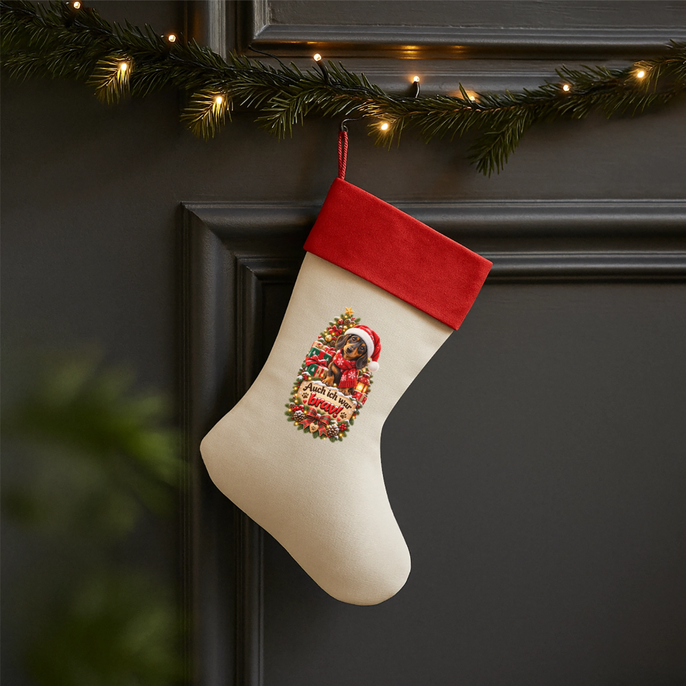 Leinen Weihnachtsstrumpf – Auch ich war brav! | Süßer Dackel | Weihnachtsgeschenk für Hundefans - Natur/Rot 
