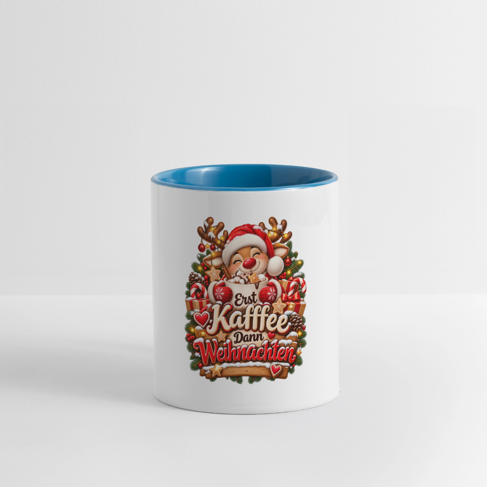 Weihnachtstasse 🎄 Erst Kaffee, dann Weihnachten – Lustige Kaffeetasse 325 ml - Weiß/Hellblau
