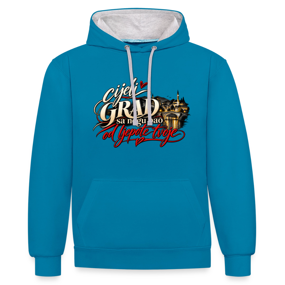 Kontrast-Hoodie - Cijeli grad sa nogu pao od ljepote tvoje - Pfauenblau/Grau meliert