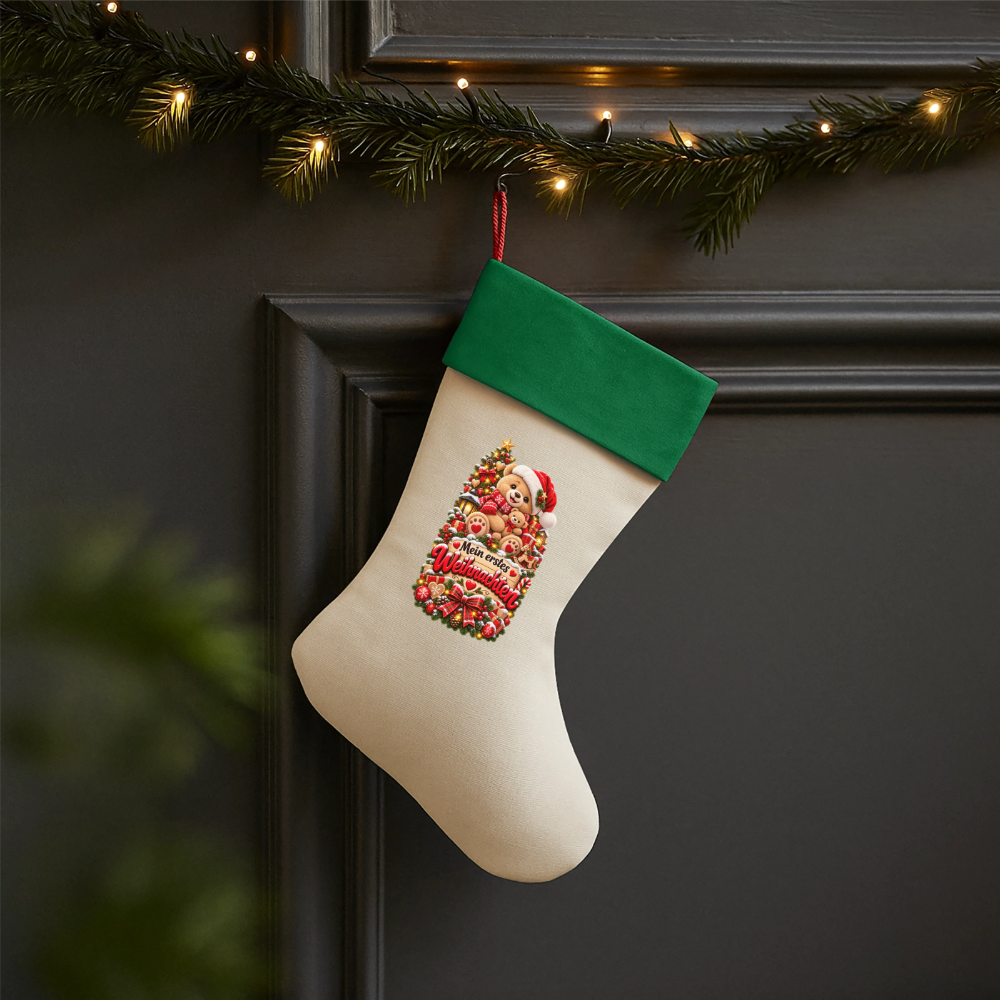 Leinen Weihnachtsstrumpf – Mein erstes Weihnachten | Teddy Motiv | Baby Geschenk - Natur/Grün